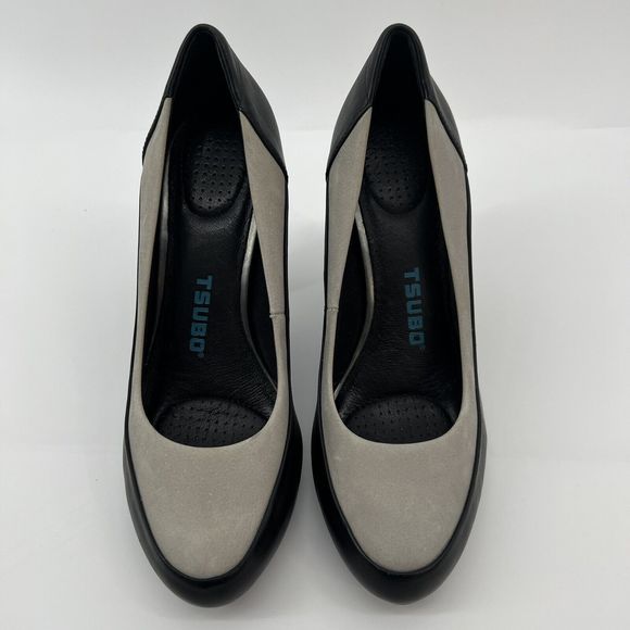 Tsubo Pumps Women's 8.5 Black Leather Gray Suede Stacked 4” Heels Buttery Soft‎ - Picture 3 of 11